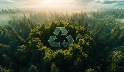 Green forest with recycling symbol formed by foliage showcasing natures harmony