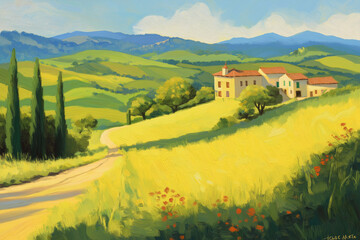 Obraz premium Spring farmland and country road, countryside rolling hills