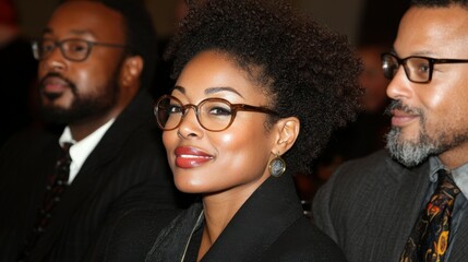 A woman with curly hair and glasses is engaged in a formal event, seated among several individuals. Her confident expression suggests active participation in the gathering