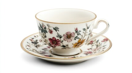 Vintage porcelain teacup with a floral pattern displayed on a delicate saucer