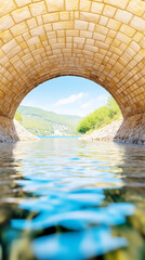 An arching stone bridge over a calm river reflecting the sky. A serene and picturesque scene capturing the charm of old architecture and nature.