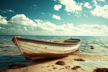 A weathered boat rests on a tranquil shore, embodying a serene and picturesque seaside escape.