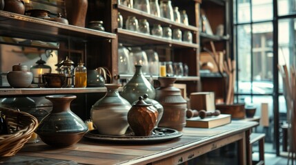 Fototapeta premium Rustic shelves displaying pottery and ceramics in a workshop
