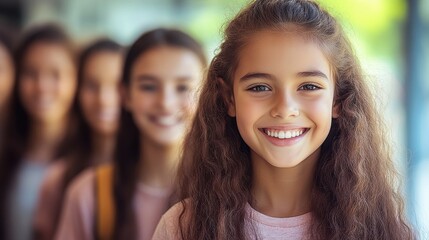 Fototapeta premium A young girl with curly hair stands confidently at the front of a line of friends, all smiling. It’s a sunny day at a school event with a joyful atmosphere