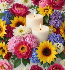 Exquisite candle arrangement featuring an assortment of colorful flowers, including peonies, hydrangeas, and sunflowers on a pristine white background, fresh cut flowers, sunflower, candle