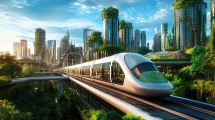 Fototapeta premium A high-speed train powered by solar energy, gliding through a city with futuristic green architecture, solar rooftops, and renewable energy systems in the background