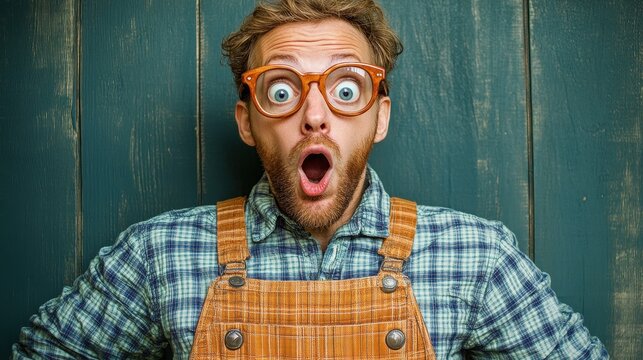 A man expresses astonishment with wide eyes and an open mouth. He wears orange glasses and a blue plaid shirt, set against a rustic wooden backdrop
