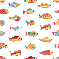 Naklejka premium Aquarium fish seamless watercolor pattern. Decorative ornament in folk style. Fashionable print for your textile, packaging, home decor. Handmade.