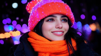 A young woman enjoys the festive atmosphere, wearing a bright orange scarf and a pink beanie adorned with lights. Colorful lights illuminate her smile in the winter night