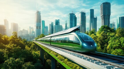 Fototapeta premium A high-speed train powered by solar energy, gliding through a city with futuristic green architecture, solar rooftops, and renewable energy systems in the background