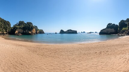 Obraz premium Serene Beach Landscape with Clear Water and Lush Green Cliffs in Sunshine