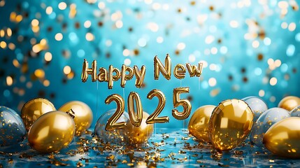New Year celebration scene with gold "Happy New Year 2025" message balloons and party decorations on a vibrant backdrop