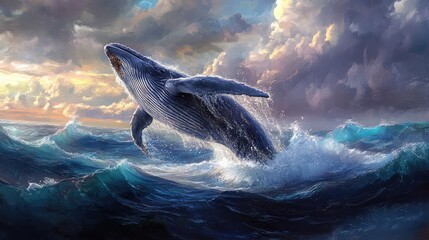 A majestic humpback whale breaches the ocean surface at sunset,