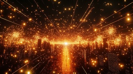 Fototapeta premium Neon Happy New Year 2025 text illuminated against a backdrop of radiant golden fireworks and a cityscape in the distance