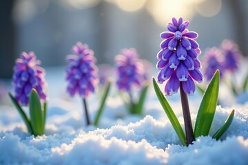 Obraz premium Frosty petals of delicate purple hyacinth flowers gently swaying in the cold winter breeze, frosty garden, snow