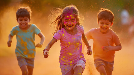 Young children celebrate Holi by running through a cloud of bright colours