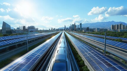 Fototapeta premium A high-speed train powered by solar power, moving through an urban area with solar panels lining rooftops and a clean, energy-efficient transportation network