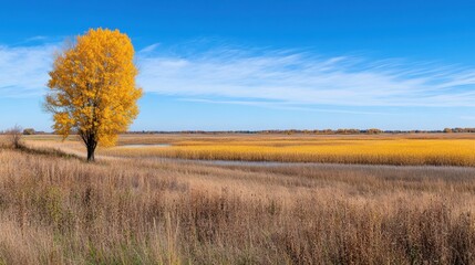 Fototapeta premium Vibrant Yellow Tree Against Blue Sky and Golden Field Landscape Scene