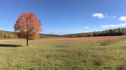 Fototapeta premium Vibrant Autumn Tree in Expansive Meadow Under Clear Blue Sky