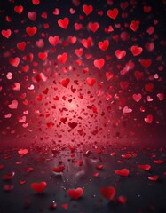 Dark abstract background with scattered red hearts and subtle gradient effect , valentine, romantic, hearts