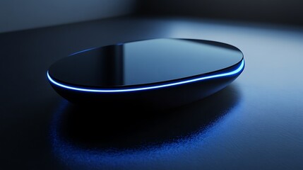 A sleek, modern 3D logo mockup with a deep blue color, glowing edges on a smooth surface.