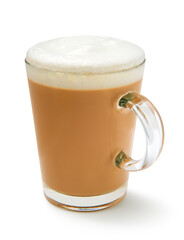 Hot latte coffee with foamy milk in glass cup isolated on white background.