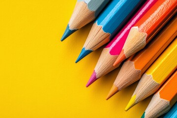 Fototapeta premium Colorful pencils arranged on a vibrant yellow background for creative art activities