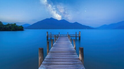 Obraz premium Serene Night View of Wooden Dock with Milky Way Over Calm Lake Landscape