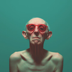 portrait: senior man, barechested and wearing red sunglasses, with green background