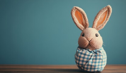 Fototapeta premium Cute orange checked bag shaped like an Easter bunny on wooden table against blue wall
