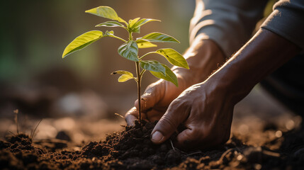 Caring Hands Gently Planting Young Seedling in Rich Soil at Golden Hour