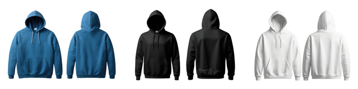Muff pocket, long sleeves casual hooded sweatshirts set with front and back view mock up template isolated on transparent background. Generative AI