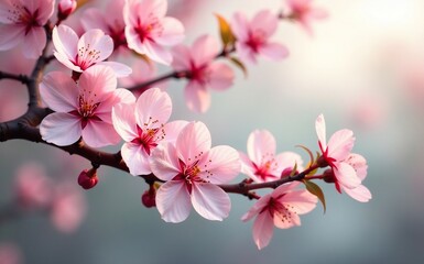 Obraz premium Delicate cherry blossom branches with soft pink petals and gentle green leaves, tree, springtime, garden