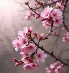 delicate pink blossoms unfurl on a bare branch , garden scene, spring blossom