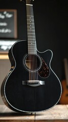 Obraz premium Black acoustic guitar stands against wooden background in a cozy setting