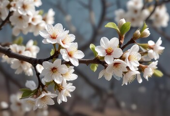 Obraz premium Delicate white apricot blossoms unfurl on a bare tree branch in early spring, blossom, tree, nature