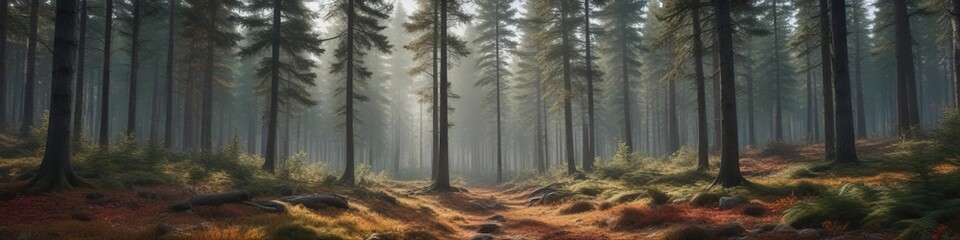 Obraz premium Dense coniferous forest with tall trees stretching towards the sky amidst a blanket of fallen leaves and rustling underbrush, rugged terrain, Moshnogorsk ridge, coniferous forest