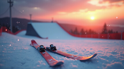 Skis on a Snowy Slope at Sunset, Generative Ai