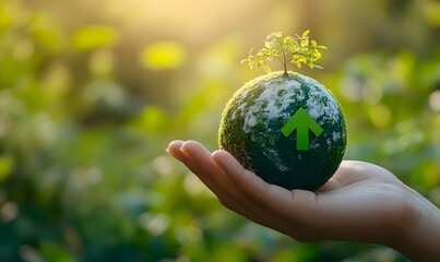 A hand presenting a green CO2 emissions symbol with a miniature Earth sprouting trees and plants