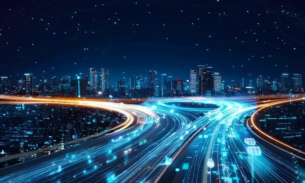 Futuristic city skyline at night with digital roads and glowing lights.