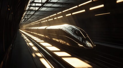 Fototapeta premium A high-speed train racing towards the tunnel exit, with sunlight pouring in and casting dramatic shadows across the train's streamlined shape