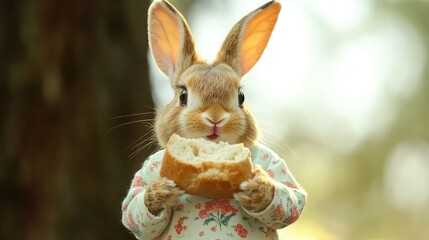 Cute rabbit wearing yellow clothes and holding a piece of bread in the park, blur background