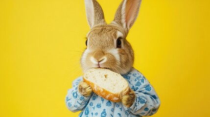 cute rabbit wearing blue clothes and holding a piece of bread, yellow background