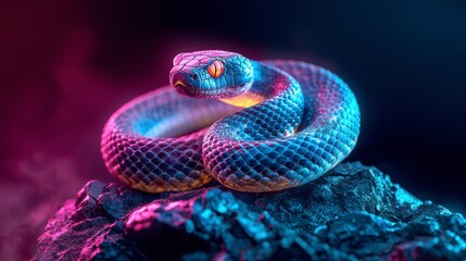 Fototapeta premium Vibrant Snake Coiled on Rocky Surface with Neon Lighting Creating Mystical Atmosphere for Wildlife and Nature Photography