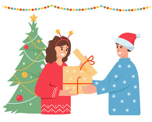 Giving gifts for Christmas concept. Happy man giving gift with presents to young woman. Girlfriend and boyfriend in love. Happy holiday congratulations. Vector characters vector illustration.