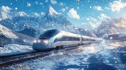 Obraz premium A high-speed train slicing through a frozen landscape, with snow-covered mountains in the distance and snowflakes falling steadily from the sky