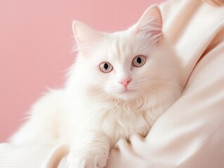 Fototapeta premium Person holding their fluffy white cat on their lap, minimalistic studio background, warm lighting emphasizing connection, pet photography.