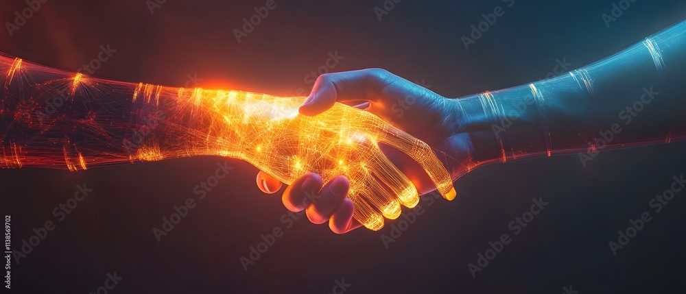 Aufkleber Digital Connection Between Human and Robot Hands Representing Technology, Innovation, Cooperation, and the Future of Human-Machine Interaction in a Vibrant Visual