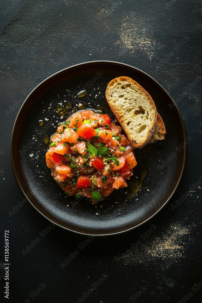 Canvas Prints Fresh fish tartare served on a plate with herbs and cherry tomatoes garnished with bread slices