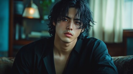 Moody young man with tousled hair sitting in softly lit room during evening hours